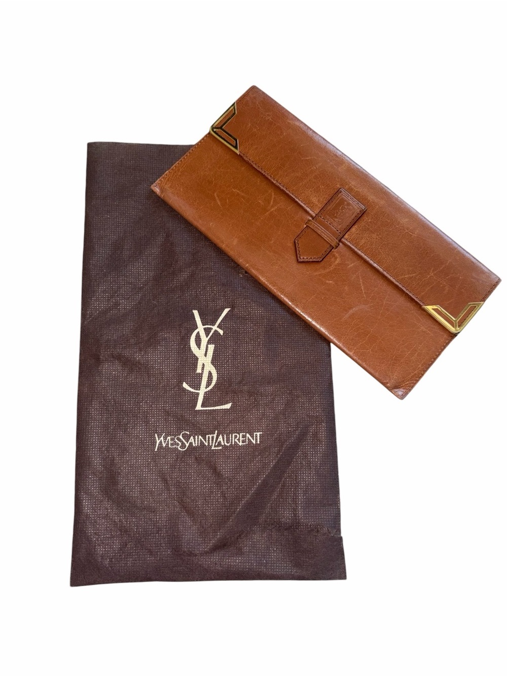 Vintage 🔥 Saint Laurent Camel Tan Leather Long Wallet Tab Closure Gold Hardware